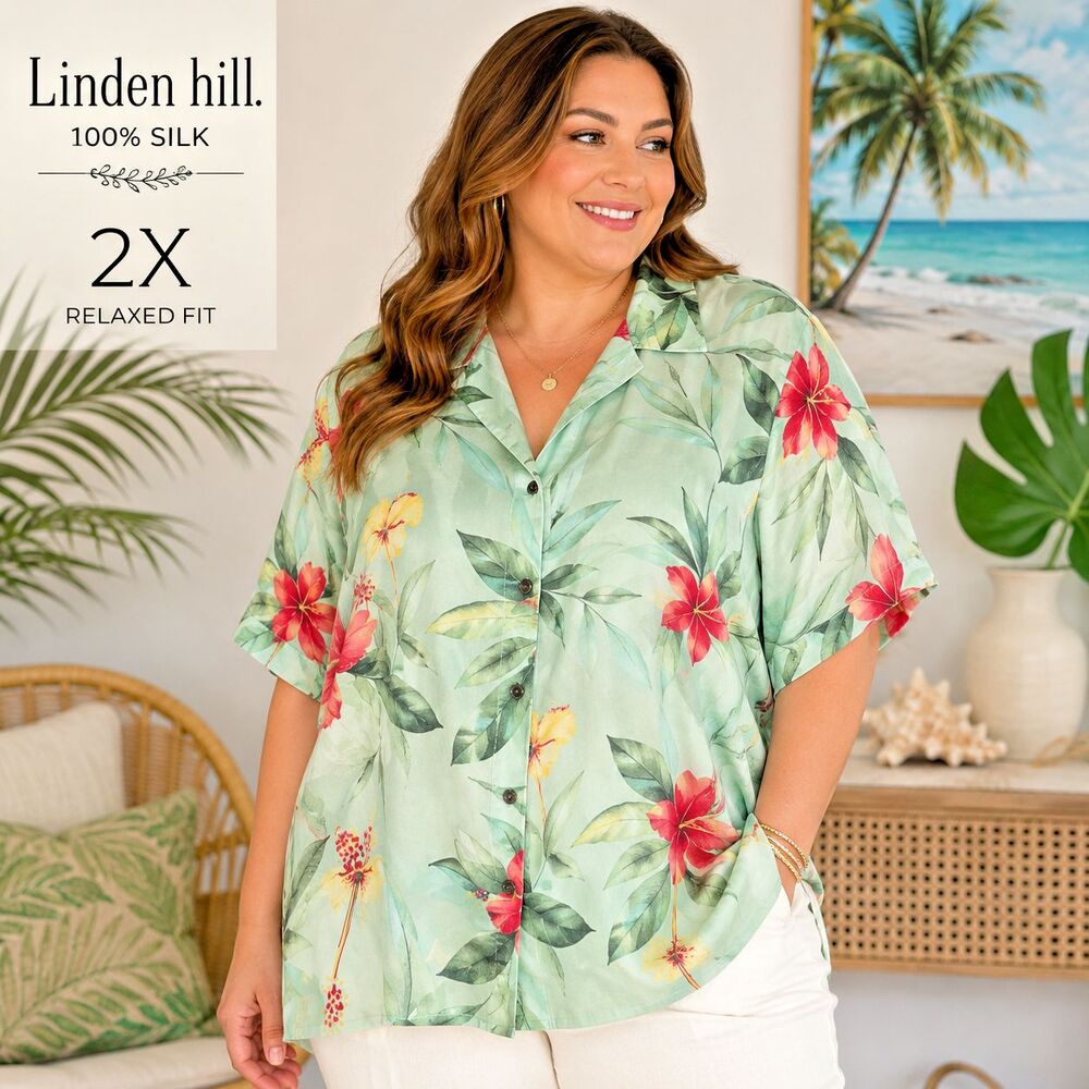 Vibrant Linden Hill 2X Womens 100% Silk Hibiscus Floral Mint Green Top